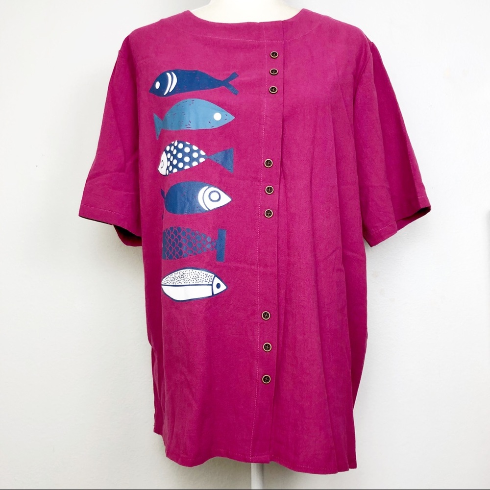 VTG Linen Button Front Asymmetrical Fish Top OS L